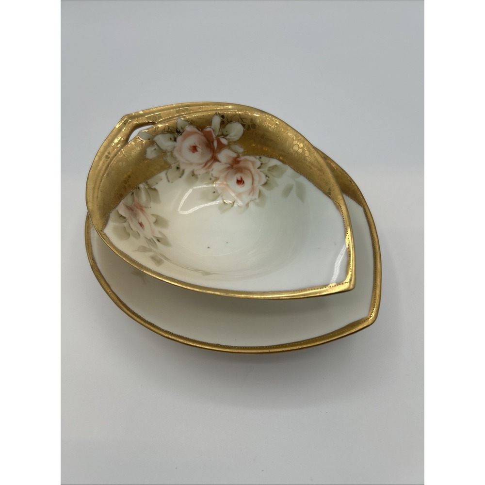 Antique Nippon Hand Painted Porcelain Nappy Candy Dish & Saucer Pink Roses Gold
